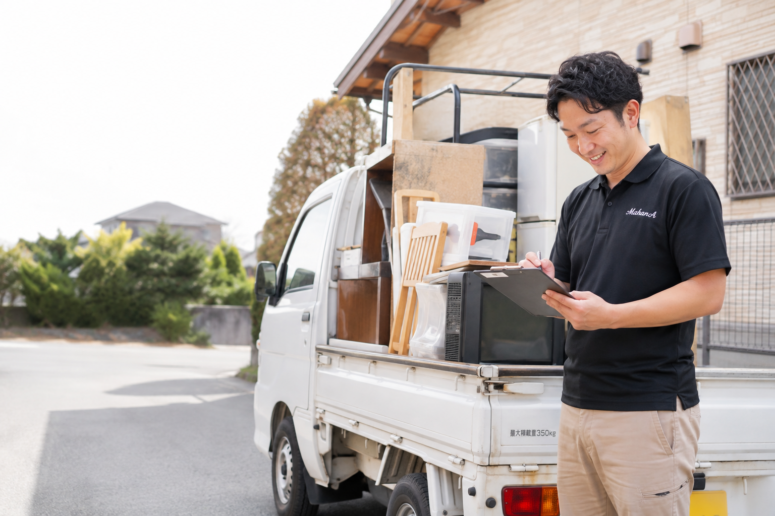 軽トラックに不用品を積み込みながら回収内容を確認するスタッフの様子