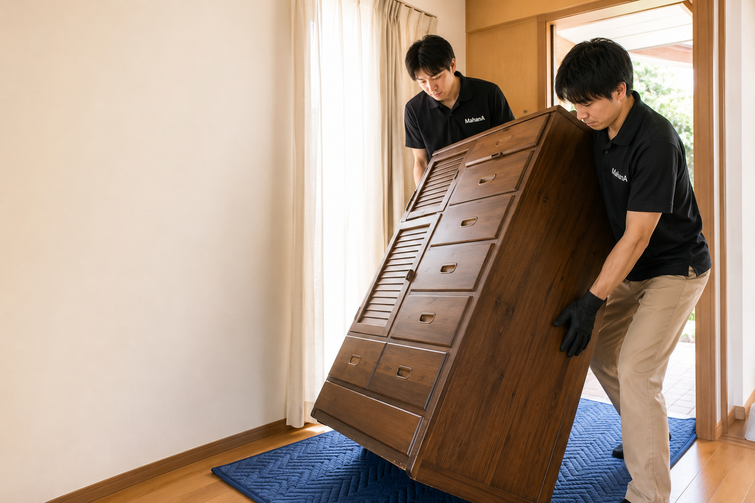 重いタンスや大型家具を安全に運び出そうとする作業スタッフの様子