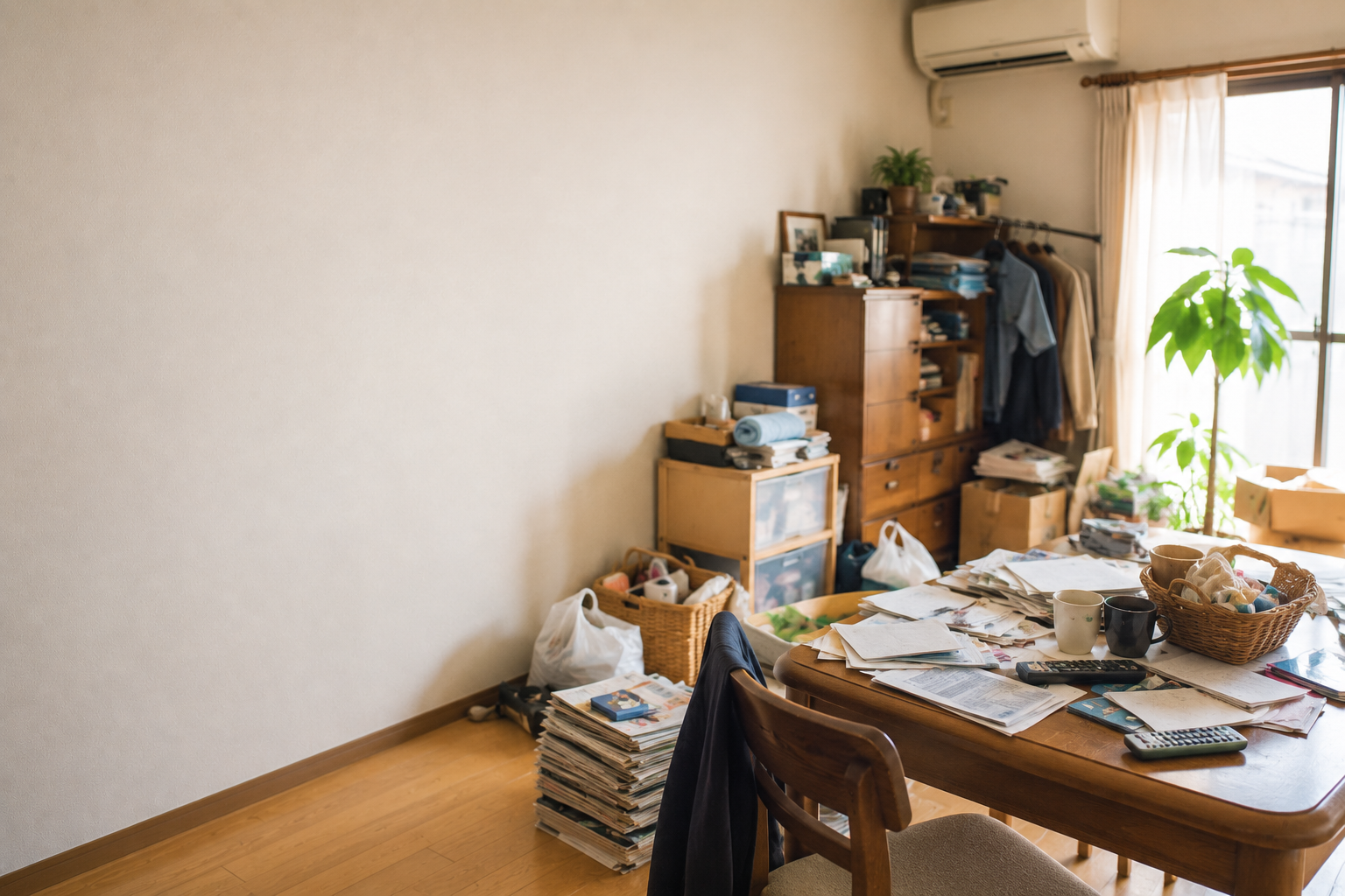 物が増えて床やテーブルが少しずつ埋まり始めた住宅の室内