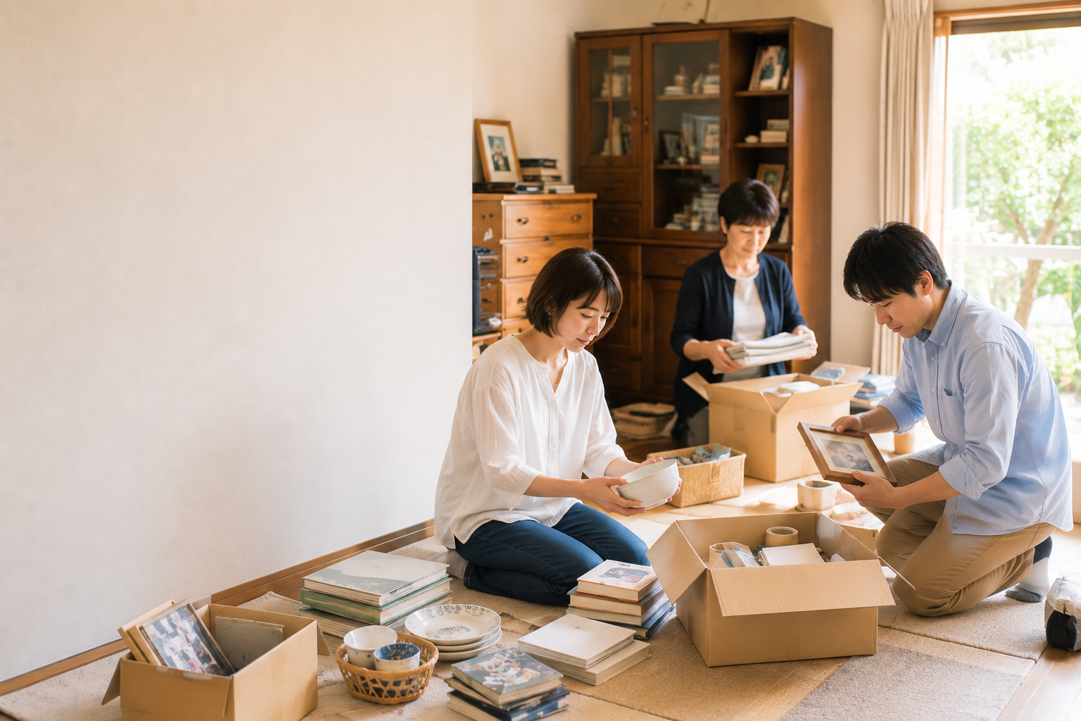 実家のリビングで家族が家具や生活用品を整理している様子