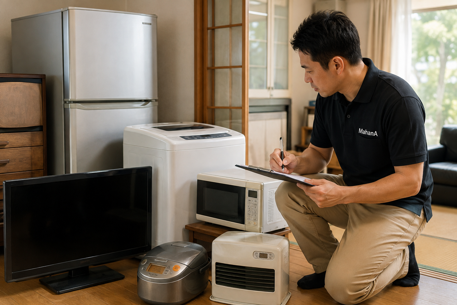 古い冷蔵庫やテレビなどの家電が並び買取できるか確認している様子