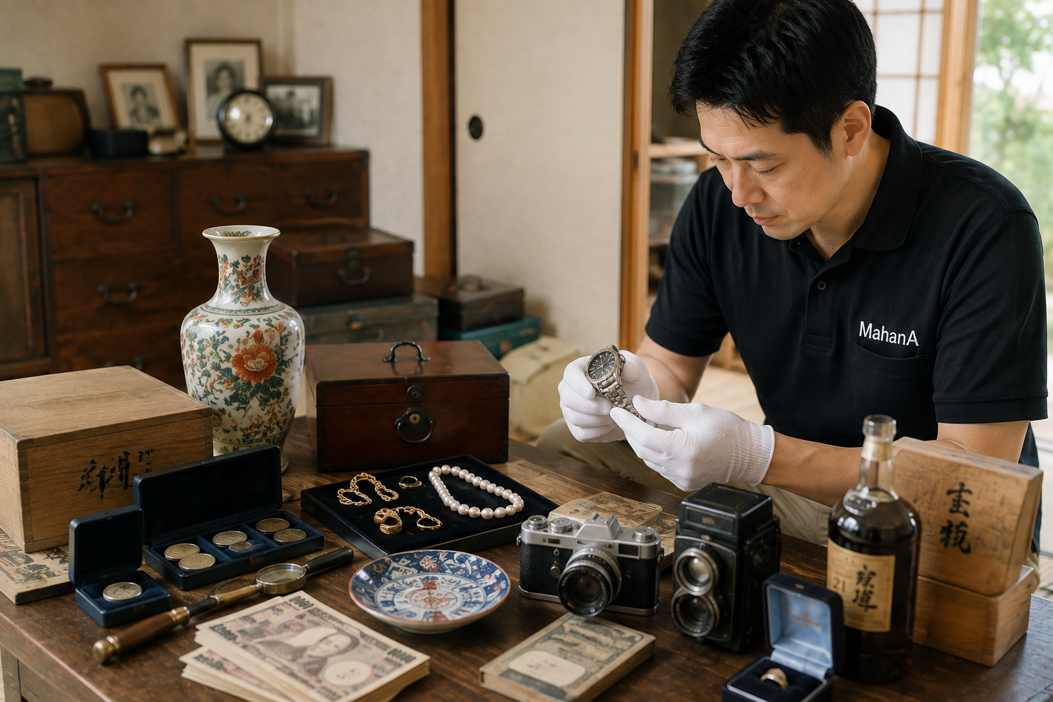 遺品整理で見つかった古い時計やカメラ、貴金属などを確認するスタッフ