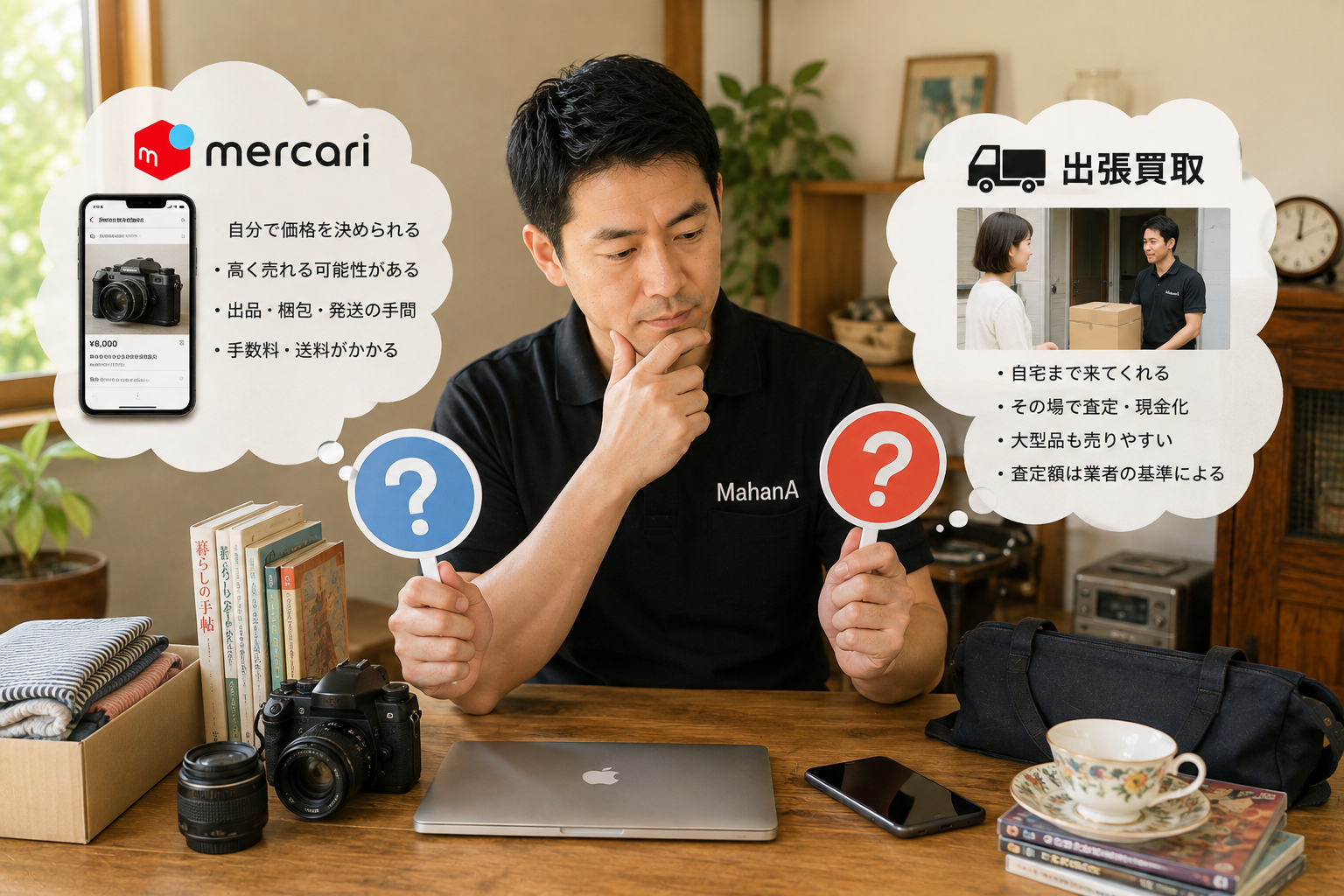 メルカリ出品と出張買取を比較しながら不用品を査定するスタッフ