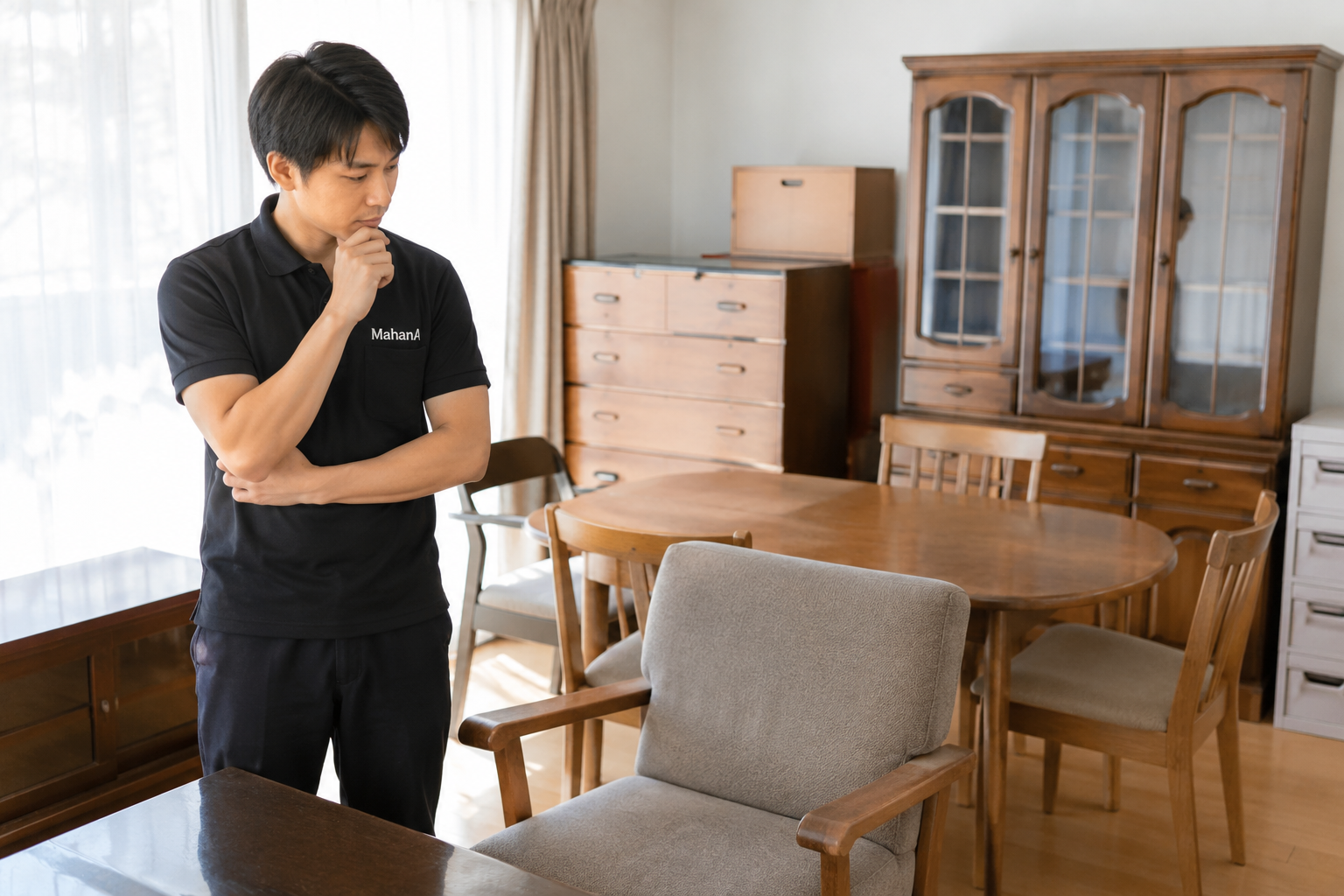 古い家具や雑貨、家電などの中から意外な価値がある物を探している様子