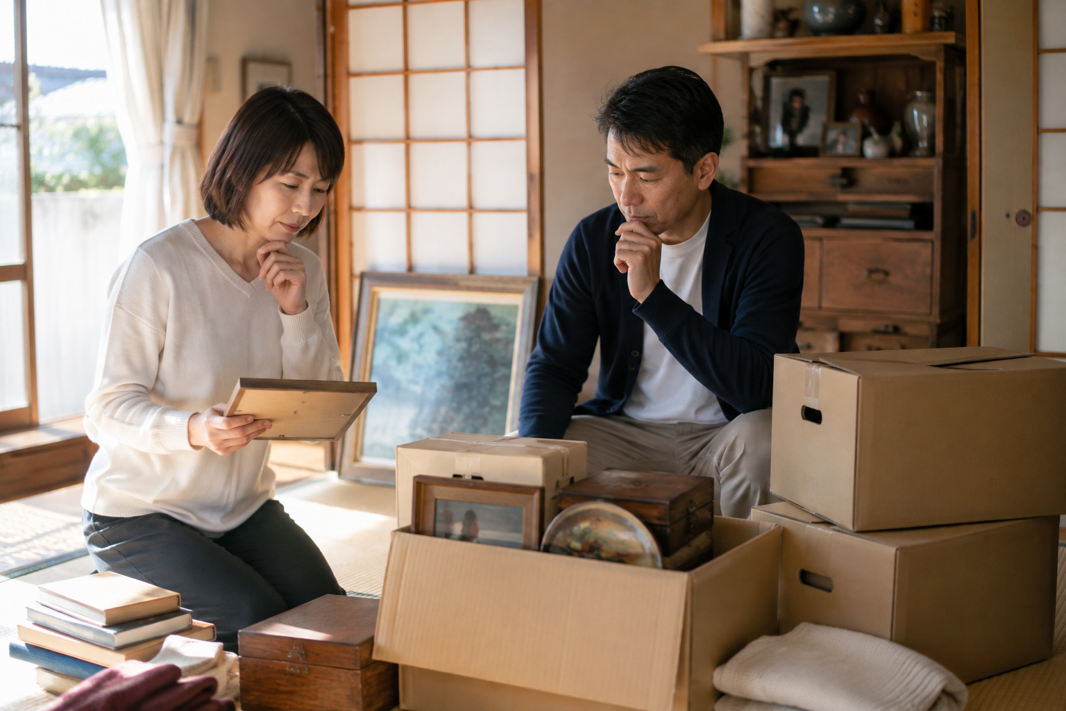 遺品整理を始める時期を考えながら実家の家具や思い出の品を整理する家族