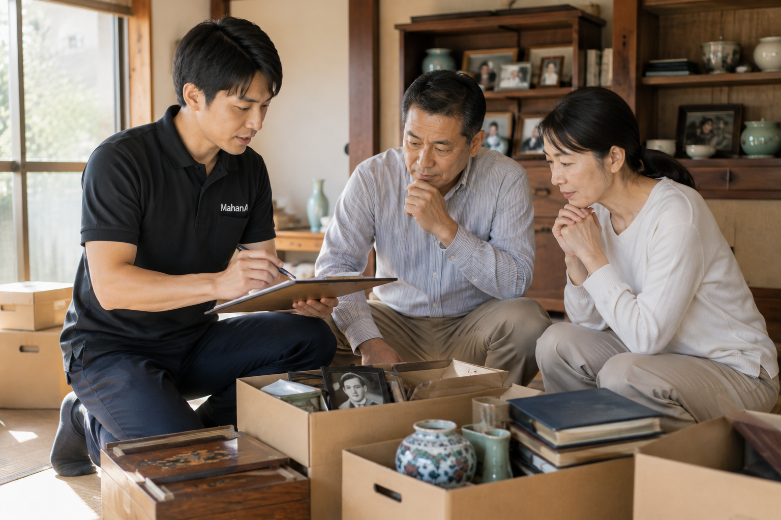 遺品整理の業者と家族が実家の家具や思い出の品を確認している様子