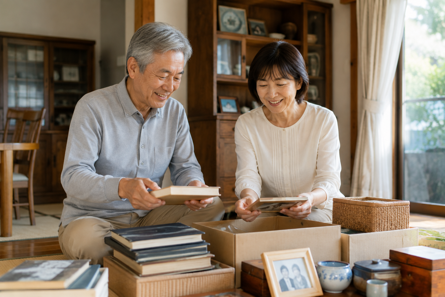 生前整理で家の中の家具や思い出の品を整理する中高年の夫婦