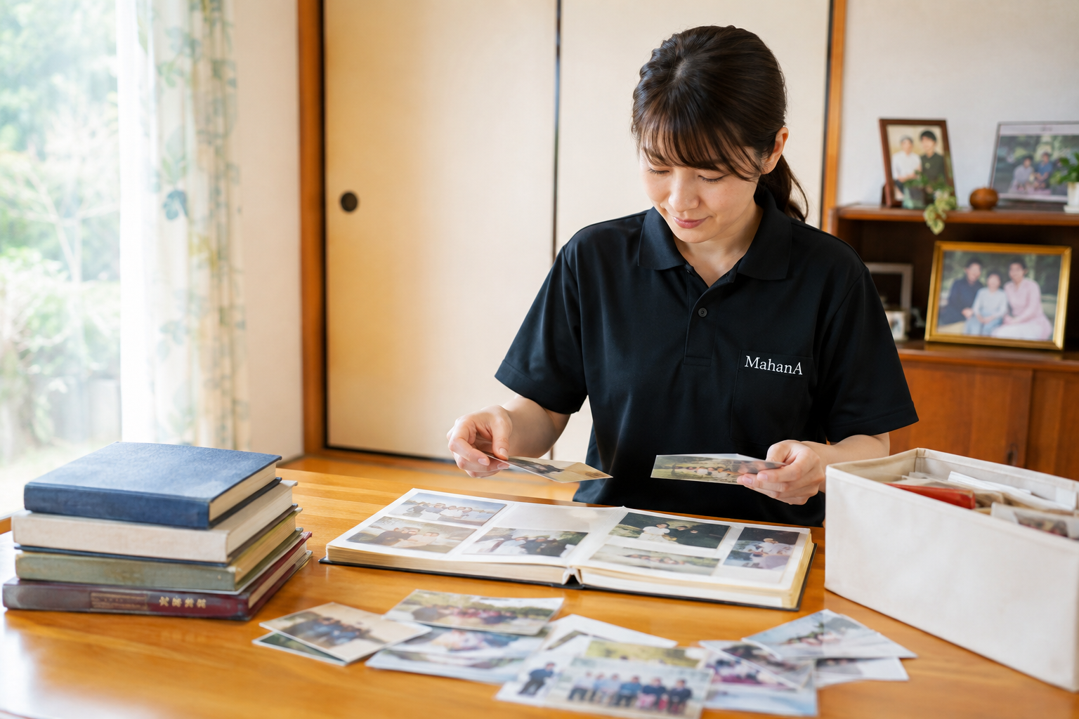 家族の思い出が詰まった古い写真やアルバムを整理している様子
