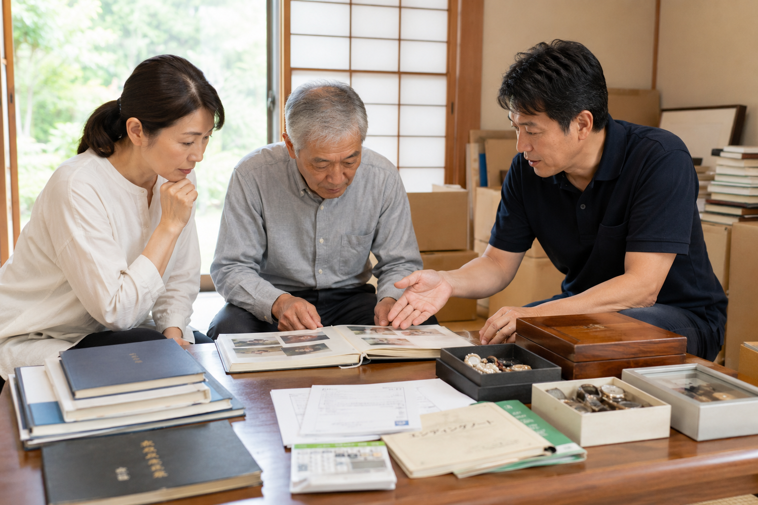 相続した実家で家族が相談しながら荷物や貴重品を整理している様子