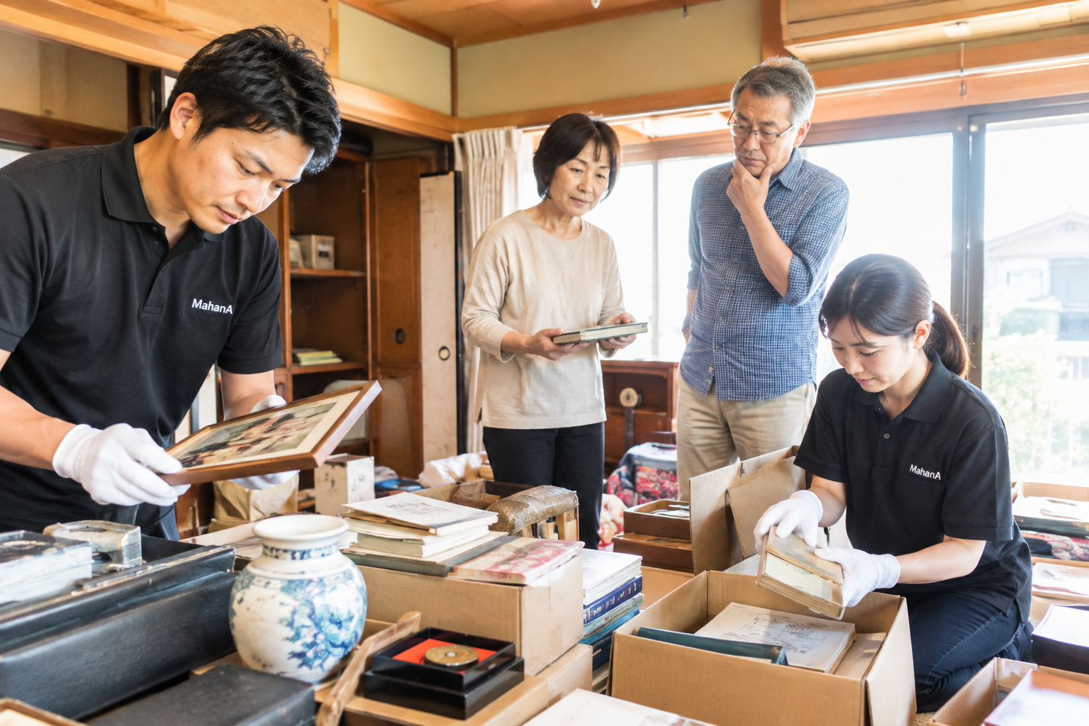 遠方の実家を整理するため室内の荷物を確認する家族と片付けスタッフ