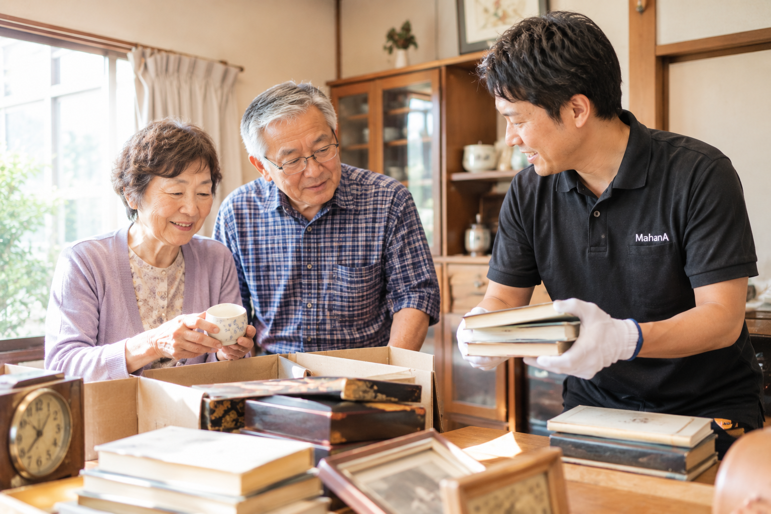 高齢の親と家族が一緒に実家の家具や荷物を整理している様子