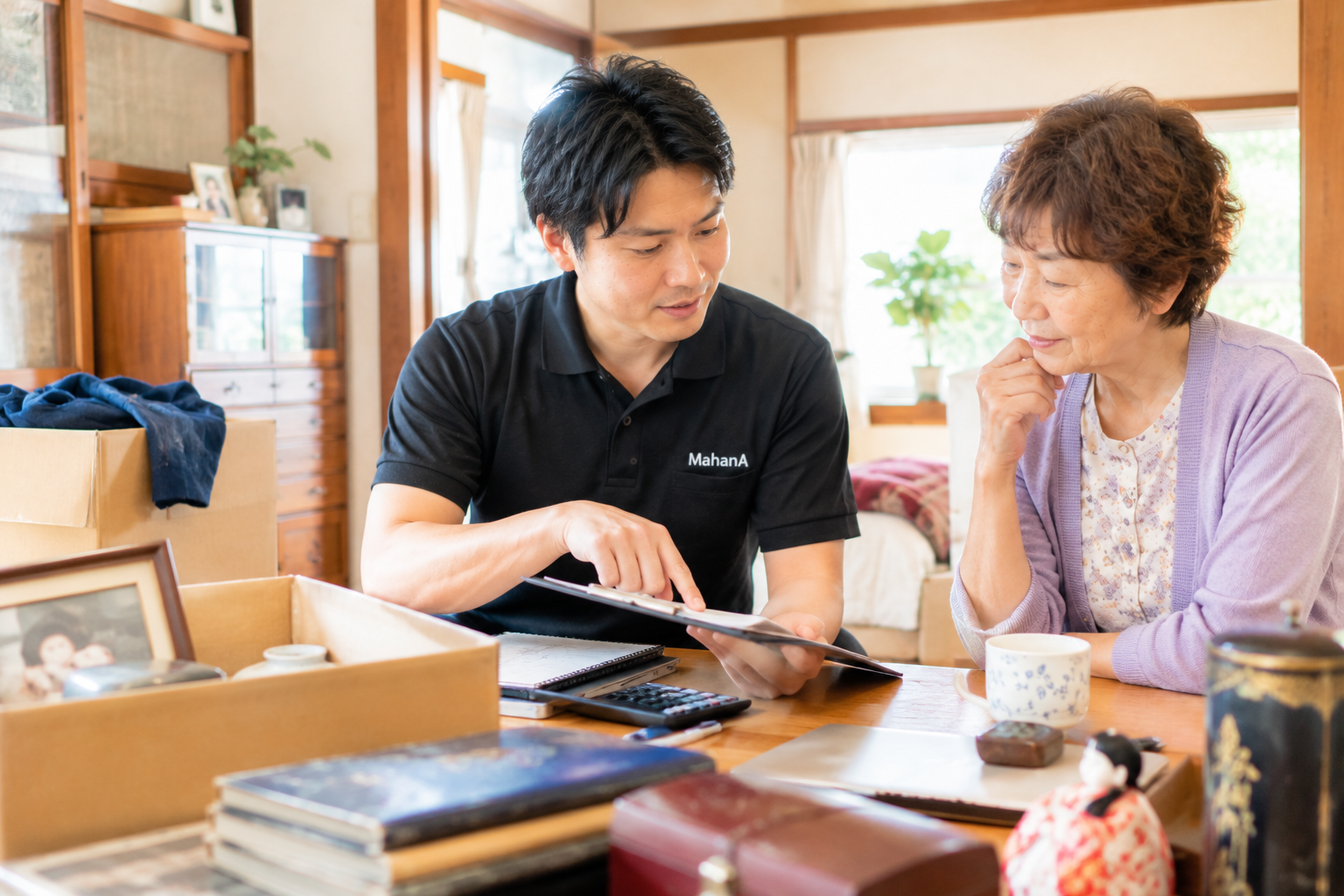 遺品整理の費用を確認するためスタッフと家族が実家の荷物を整理している様子