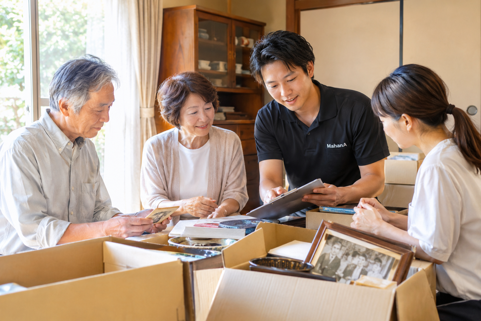 家族で実家の荷物を整理しながら実家じまいの流れを確認している様子
