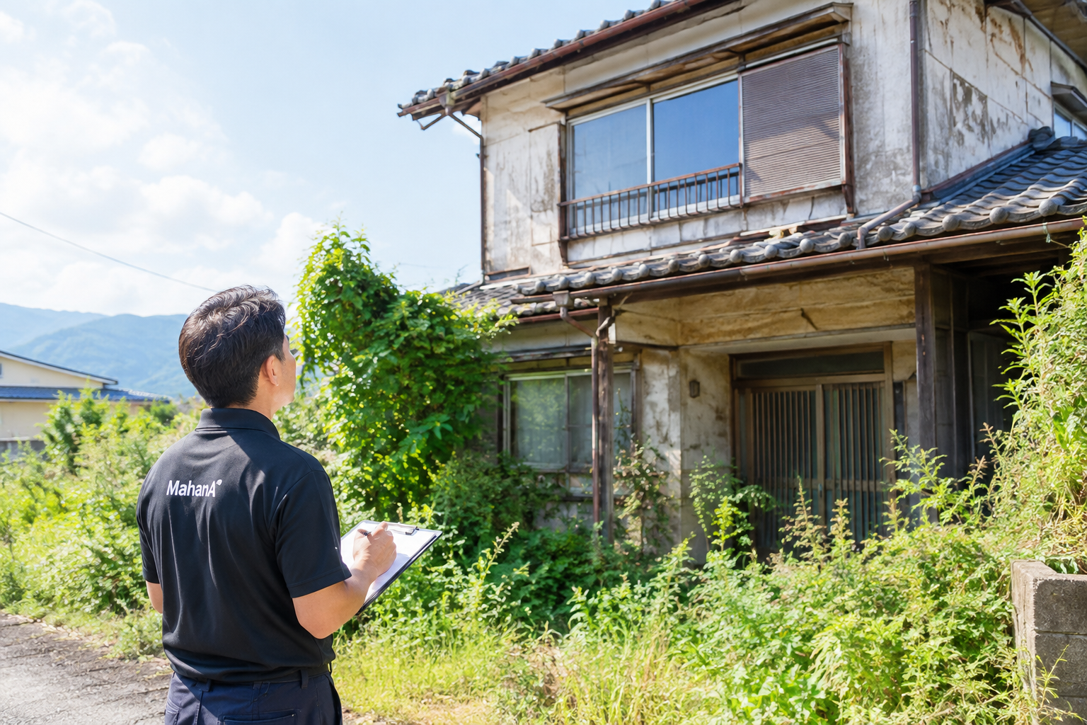管理されず雑草が伸びた空き家と老朽化した住宅の様子