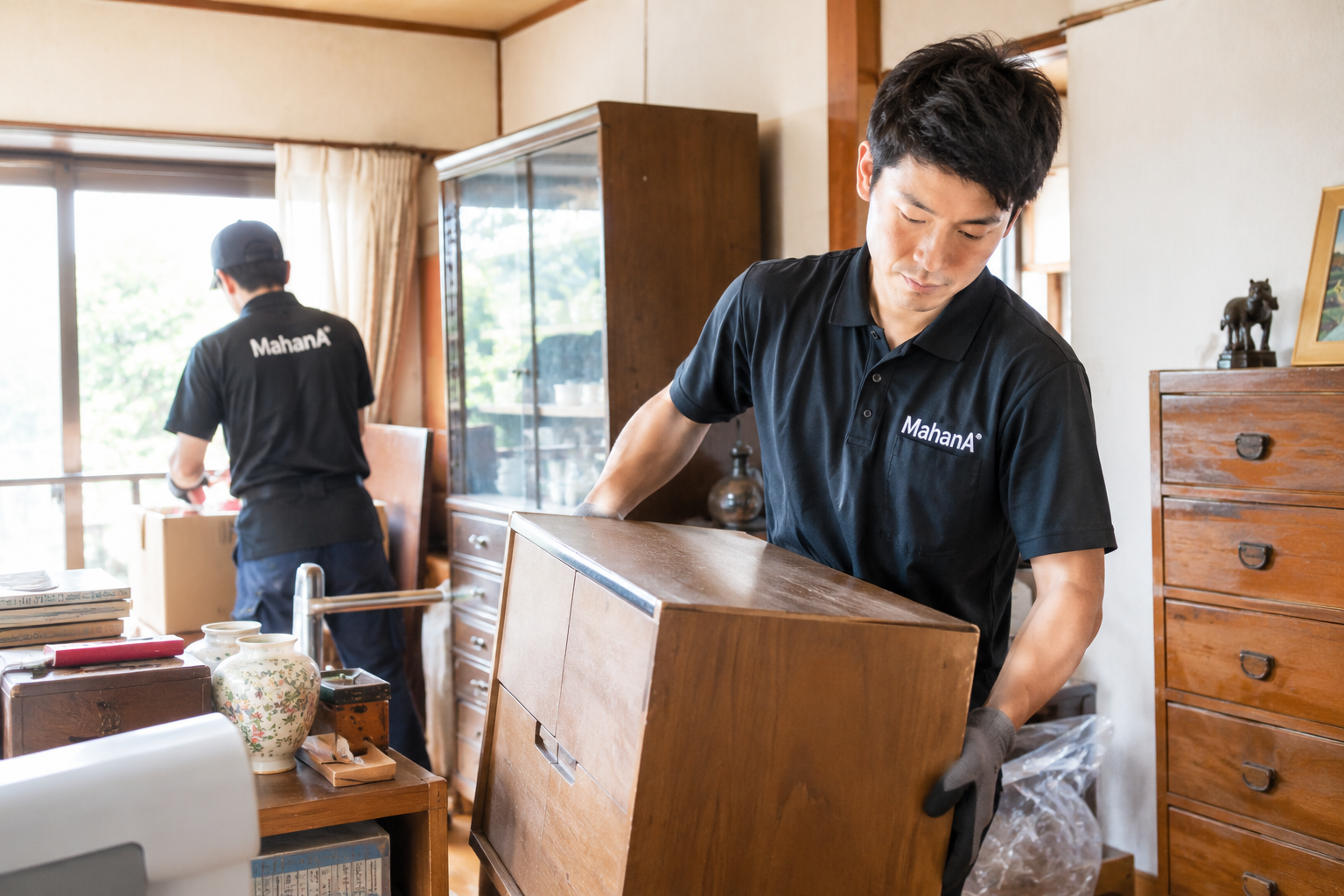 家具や家電が残された空き家の室内で片付け作業を行うスタッフ