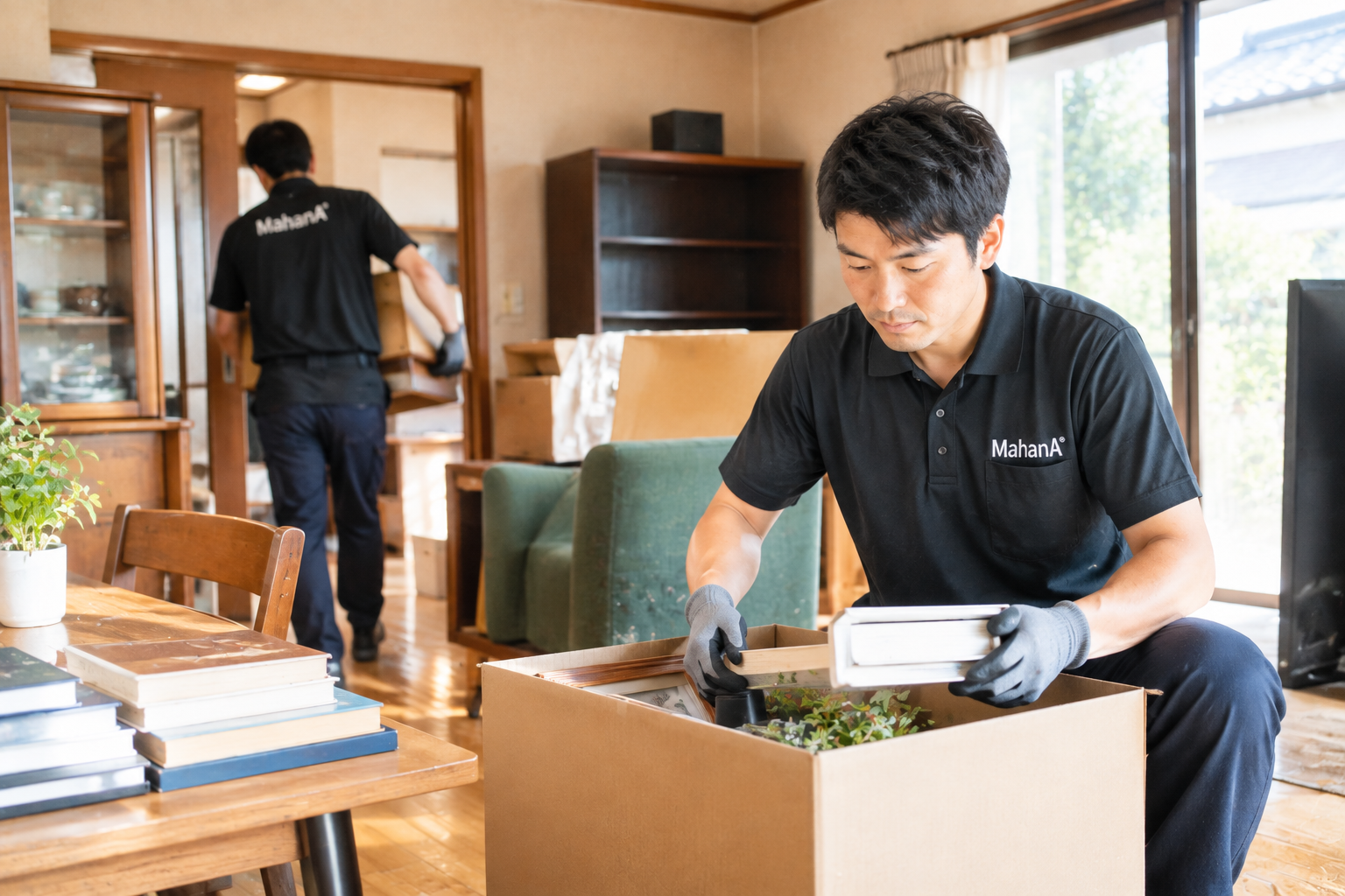 売却前の住宅で家具や不用品を整理しているスタッフ