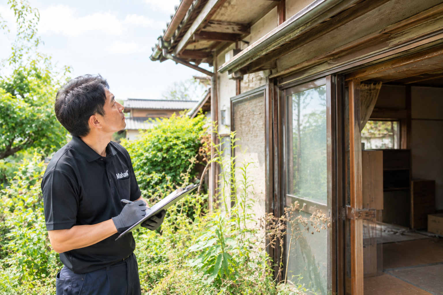 害虫対策のため空き家の室内や庭を確認するスタッフ