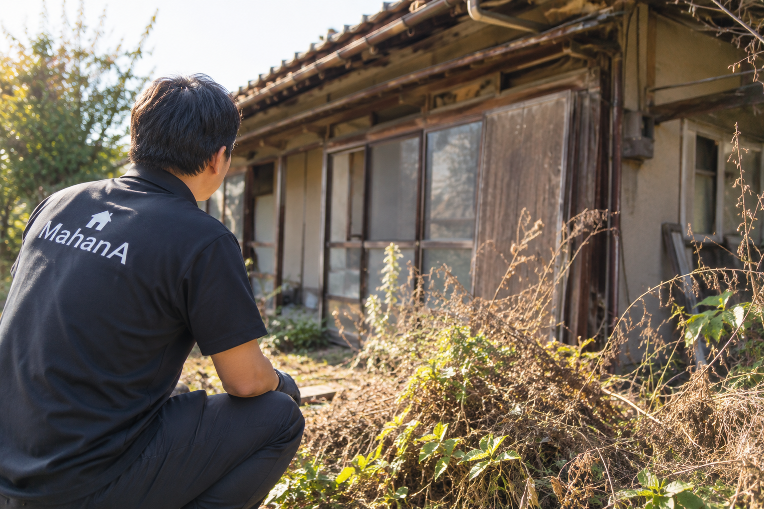 空き家の火災予防のため、庭の雑草や枯草を確認しながら建物周辺を点検するスタッフ