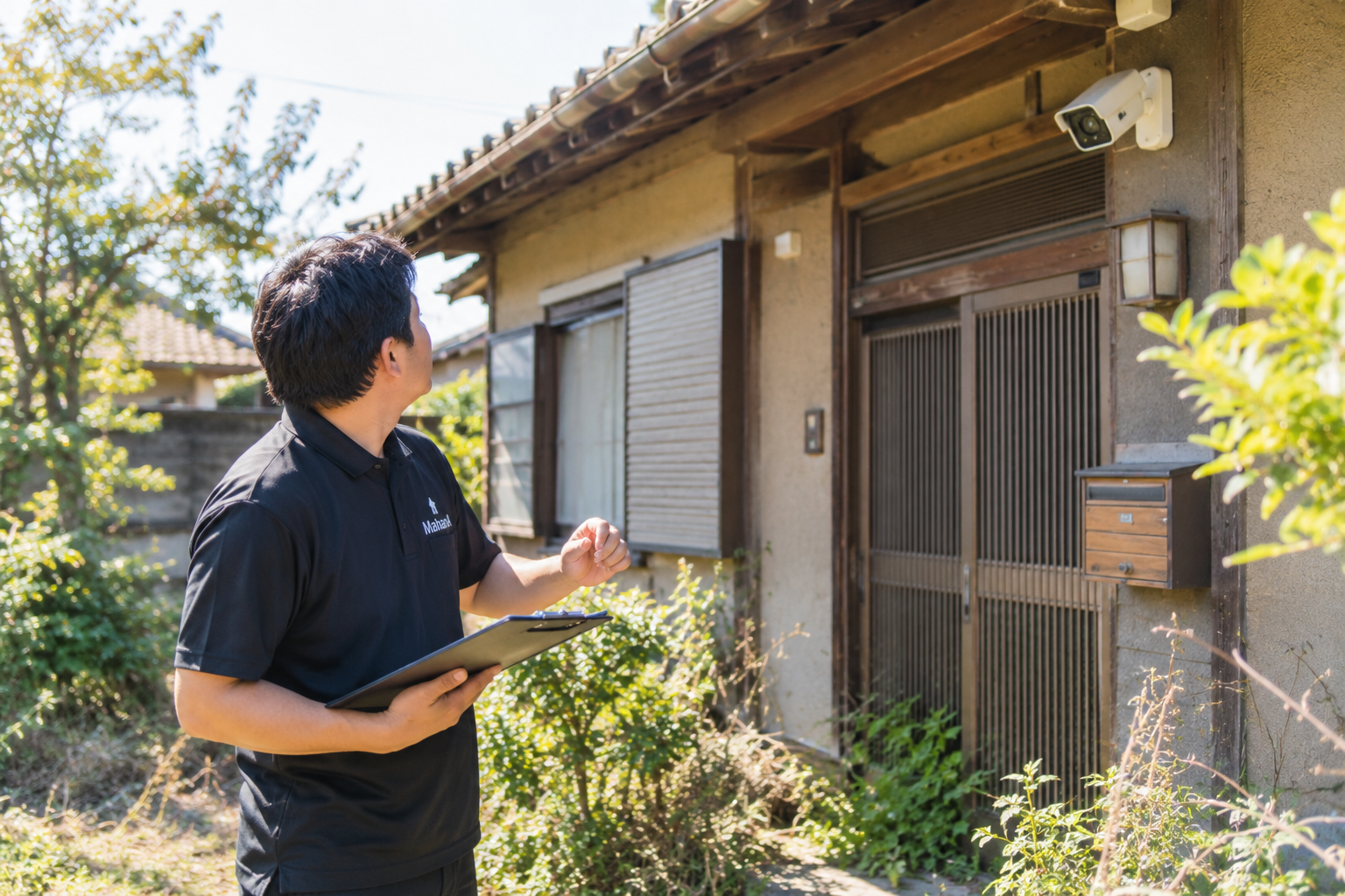 空き家の防犯対策として、黒いMahanAロゴ入りポロシャツを着たスタッフが日本家屋の玄関や庭の状態を点検している様子