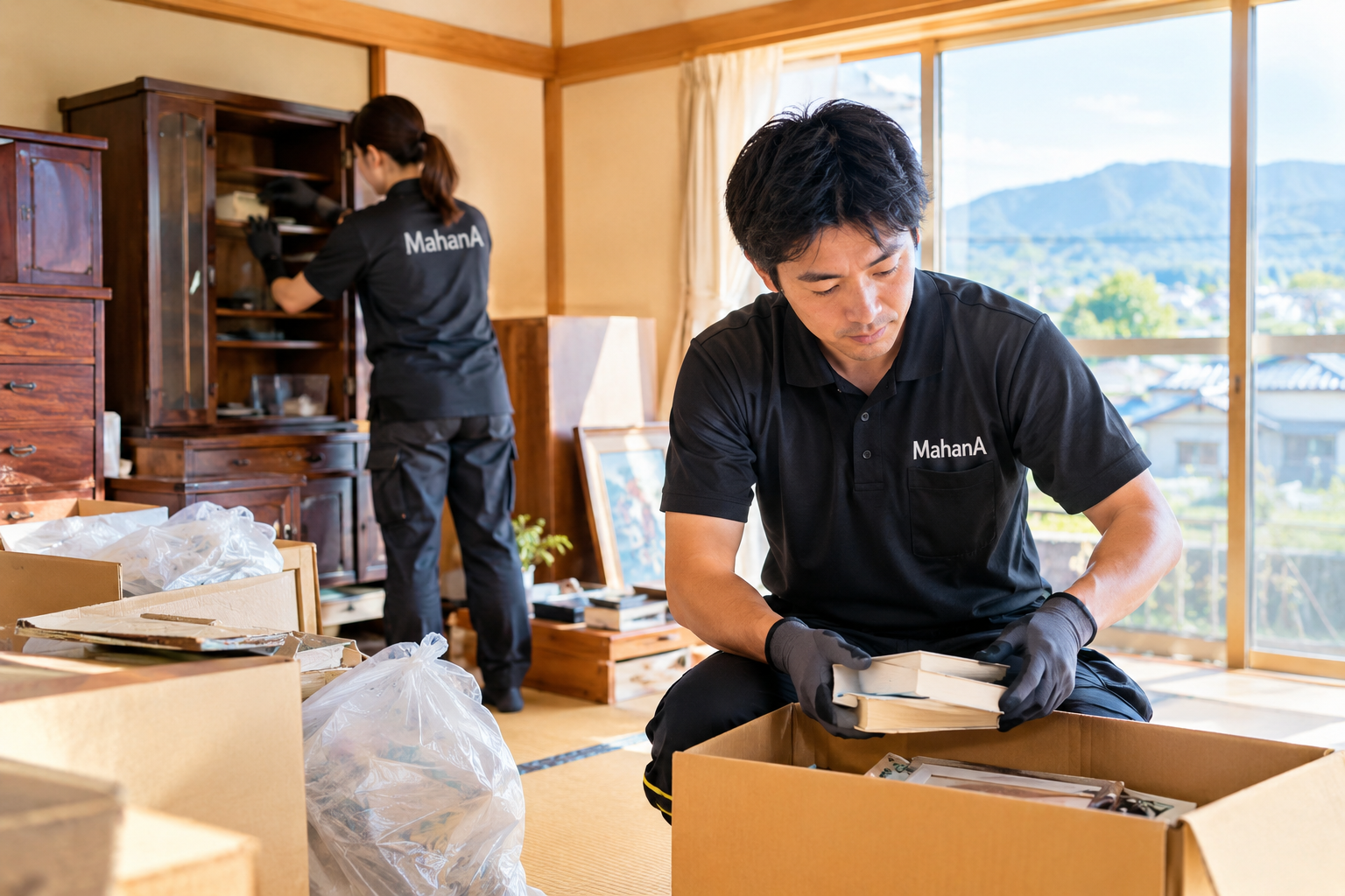 遠方に住む空き家所有者に代わって実家の片付けを行うスタッフと整理された室内