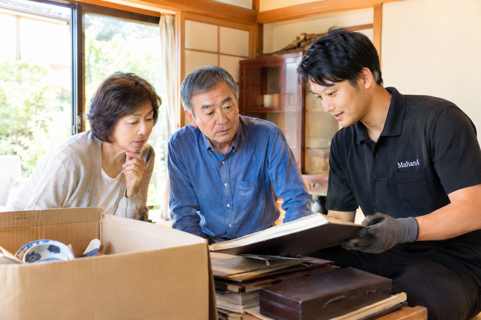 相続した実家の室内で家財を確認する家族と片付けスタッフ