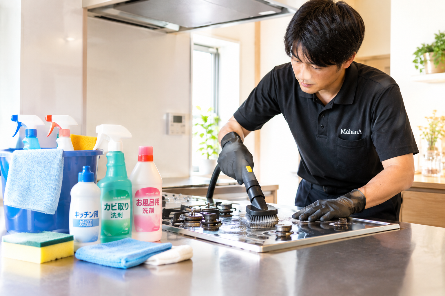 市販洗剤では落としにくい頑固な汚れをプロのスタッフが専用道具で掃除している様子