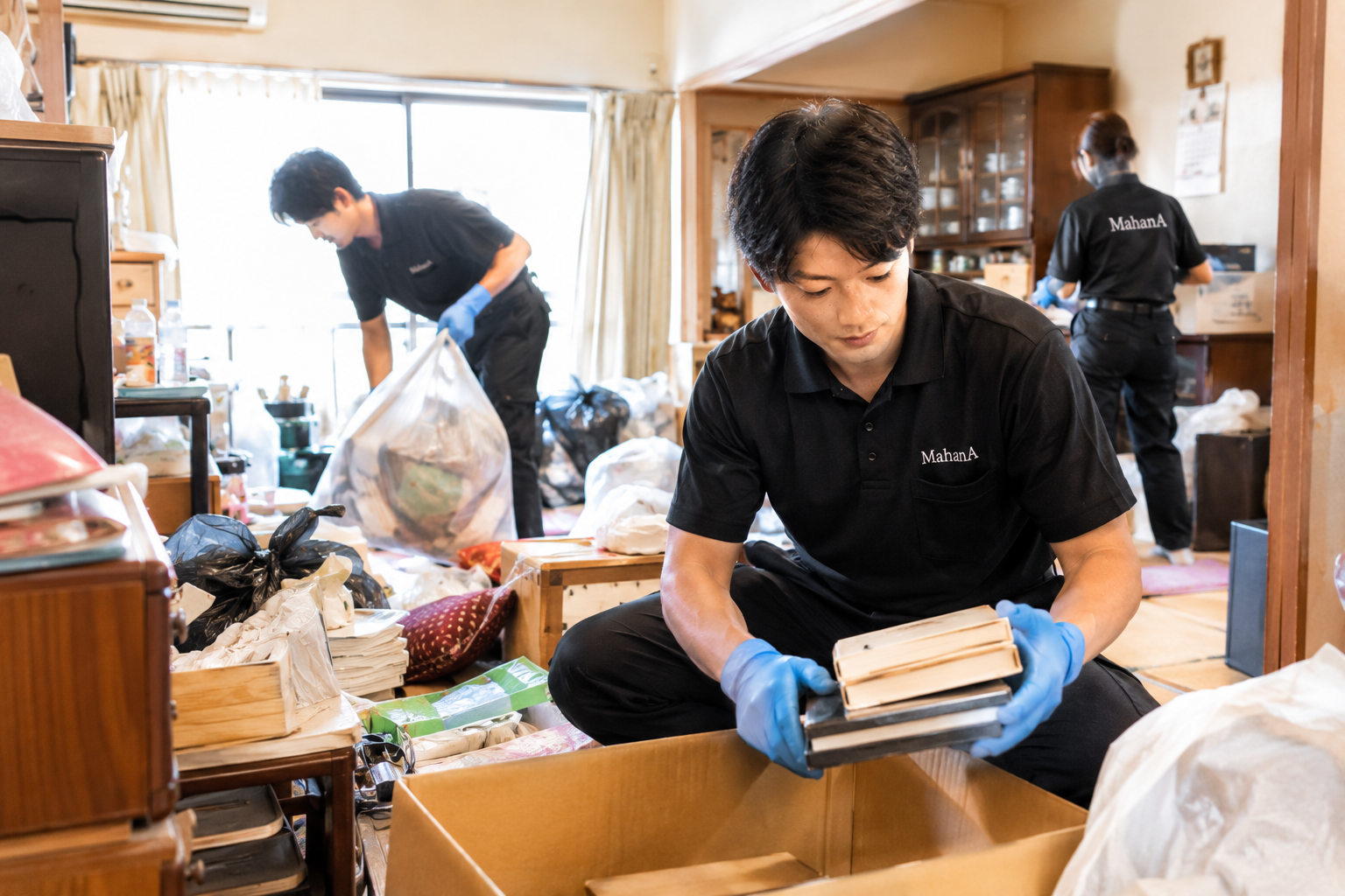 大量の荷物がある住宅でゴミ屋敷の片付け作業を行うスタッフ