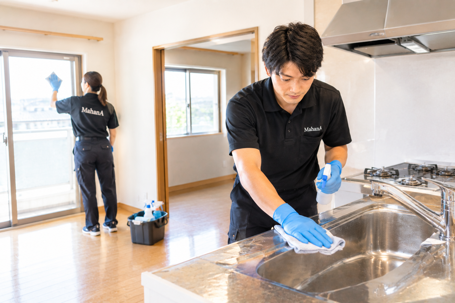 退去前の空室でキッチンや水回りを清掃するハウスクリーニングスタッフ
